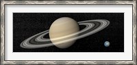 Framed Large planet Saturn and its rings next to small planet Earth