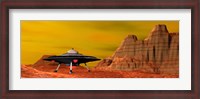 Framed UFO landing on a desert landscape