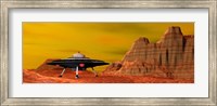 Framed UFO landing on a desert landscape
