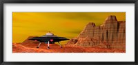 Framed UFO landing on a desert landscape