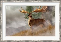 Framed Irish Elk stands in deep grass on a foggy hillside