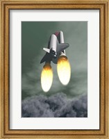 Framed Space shuttle taking off amongst grey smoke and clouds