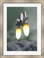 Framed Space shuttle taking off amongst grey smoke and clouds