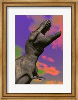Framed Tyrannosaurus Rex roaring against a colorful sky