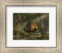 Framed large Glyptodon stands near the edge of a stream