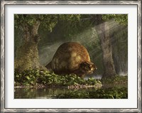 Framed large Glyptodon stands near the edge of a stream