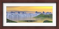 Framed Beautiful sunset over landscape with green grass and rocky mountains