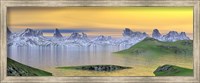 Framed Beautiful sunset over landscape with green grass and rocky mountains