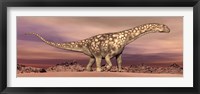 Framed Large Argentinosaurus dinosaur walking in the desert