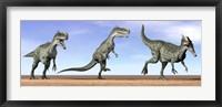 Framed Three Monolophosaurus dinosaurs standing in the desert