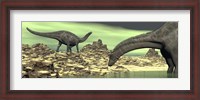 Framed Two Dicraeosaurus dinosaurs in a desert landscape