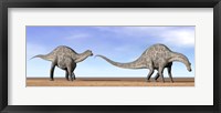 Framed Two Dicraeosaurus dinosaurs walking in the desert