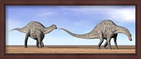 Framed Two Dicraeosaurus dinosaurs walking in the desert