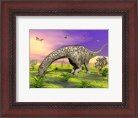Framed Argentinosaurus eating plants while surrounded by butterflies and flowers
