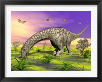 Framed Argentinosaurus eating plants while surrounded by butterflies and flowers