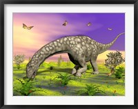 Framed Argentinosaurus eating plants while surrounded by butterflies and flowers