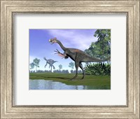 Framed Two Gigantoraptor dinosaurs in a prehistoric environment