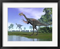 Framed Two Gigantoraptor dinosaurs in a prehistoric environment