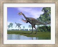 Framed Two Gigantoraptor dinosaurs in a prehistoric environment