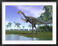 Framed Two Gigantoraptor dinosaurs in a prehistoric environment