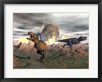 Framed Tyrannosaurus Rex dinosaurs escaping a big meteorite crash