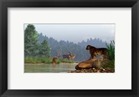 Framed saber-toothed cat looks across a river at a family of deer