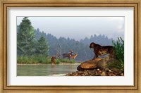 Framed saber-toothed cat looks across a river at a family of deer