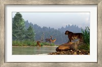 Framed saber-toothed cat looks across a river at a family of deer
