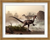 Framed pair of velociraptors patrol the shore of an ancient lake