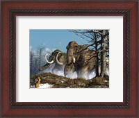 Framed rabbit witnesses a herd of mammoths in a snowy forest