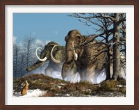 Framed rabbit witnesses a herd of mammoths in a snowy forest