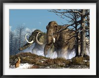 Framed rabbit witnesses a herd of mammoths in a snowy forest