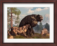 Framed saber-toothed cat tries to drive a short-faced bear out of its territory