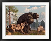 Framed saber-toothed cat tries to drive a short-faced bear out of its territory