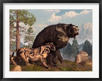 Framed saber-toothed cat tries to drive a short-faced bear out of its territory