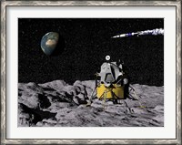 Framed Apollo on surface of moon, with Saturn V rocket in the background