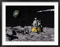 Framed Apollo on surface of moon, with Saturn V rocket in the background