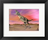 Framed Aucasaurus dinosaur roaring in the desert by sunset