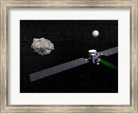 Framed Dawn robotic spacecraft orbiting Ceres and Vesta