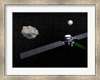 Framed Dawn robotic spacecraft orbiting Ceres and Vesta