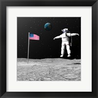 Framed First astronaut on the moon floating next to American flag