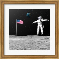 Framed First astronaut on the moon floating next to American flag