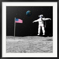 Framed First astronaut on the moon floating next to American flag