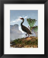 Framed Hesperornis on the shore of a lake looking around