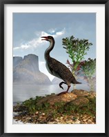 Framed Hesperornis on the shore of a lake looking around