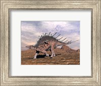 Framed Kentrosaurus dinosaur walking in the desert