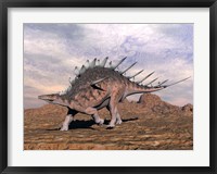 Framed Kentrosaurus dinosaur walking in the desert