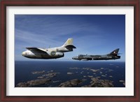 Framed Saab J 29 and Hawker Hunter vintage jet fighters of the Swedish Air Force Historic Flight