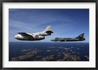 Framed Saab J 29 and Hawker Hunter vintage jet fighters of the Swedish Air Force Historic Flight