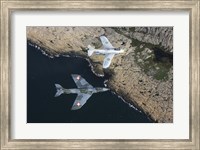 Framed Saab J 29 Flying Barrel and Hawker Hunter vintage jet fighters of the Swedish Air Force